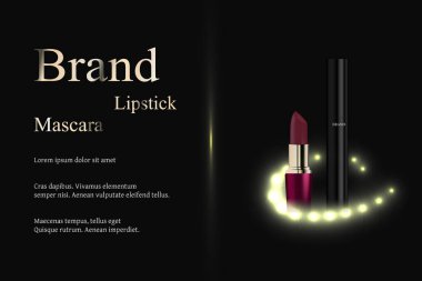 Tasarımı kozmetik, ışığın parlak noktalar ile koyu arka plan üzerinde üç tonları rujla. Marka, reklam, katalog, afiş, kartvizit. 3B vektör gerçekçi