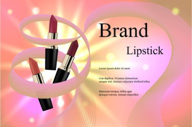 Tasarım kozmetik ruj ışık ışınları ve parlak noktalar nazik bir arka plan üzerinde farklı hassas tonlar. Marka, reklam, afiş, dizin. 3B vektör gerçekçi