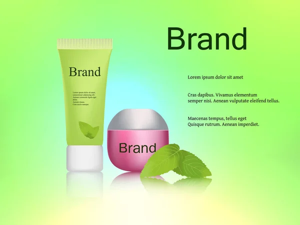 El diseño de cosméticos, crema para la piel, luz, fondo verde fresco con hojas de menta. Publicidad, marca, catálogo, banner. vector 3D realista — Vector de stock