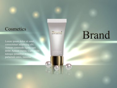 Kozmetik krem tüp inciler ile yumuşak, ne güzel arka plan için. Gerçekçi 3d tasarım, reklam, afiş, vektör