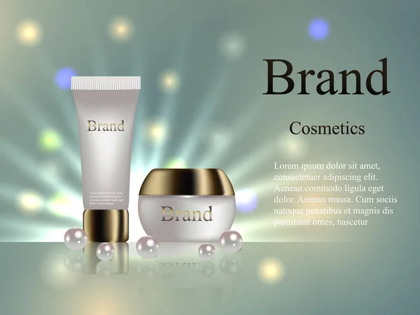 Cosmetische crème met een gouden pet op een zachte achtergrond met parels. Ontwerp, reclame, banner, vector realistische 3d — Stockvector