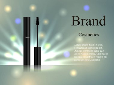 kozmetik maskara ışınları ve noktalar ışık ile hassas zemin üzerine. Gerçekçi 3d tasarım, reklam, afiş, vektör