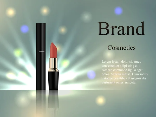 Cosmetica mascara en lippenstift op een delicate achtergrond met stralen en vlekken van licht. Ontwerp, reclame, banner, vector realistische 3d — Stockvector