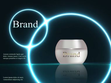 Kozmetik, krem, beyaz ve inci gibi Renkler parlak neon ışıkları, reklam, afiş, banner, 3d, vektör ile karanlık bir arka plan üzerinde tasarım