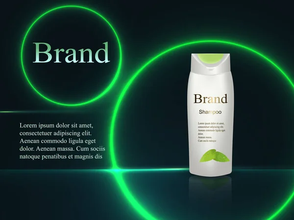 Design de cosméticos. Shampoo em um fundo escuro com círculos de luz de néon brilhante. Publicidade, banner, cartaz, catálogo, produtos . — Vetor de Stock