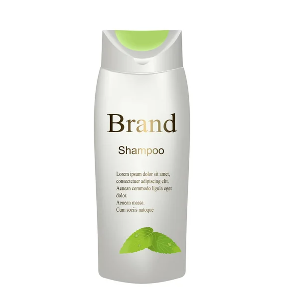 O shampoo é branco com folhas verdes no fundo branco isolado. Vetor 3D realista — Vetor de Stock