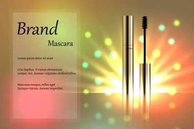 Kozmetik, altın parlak ışınları, marka, tasarım, lüks, poster, gerçekçi vektör hassas zemin üzerine 3d maskara