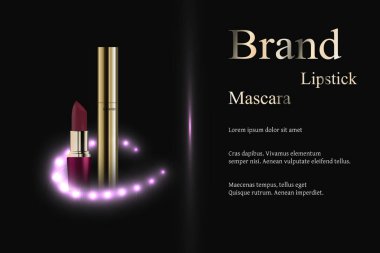 Kozmetik, altın maskara ve mor ruj, siyah bir arka plan parlak bir ışık mor lekeler çevrili tasarımı. 3D gerçekçi vektör reklam.