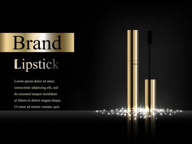 Parlak parlama ile koyu arka plan ve ışınları ile yansıma, altın maskara vektör gerçekçi 3d, reklam, afiş, banner, tasarım, ürün