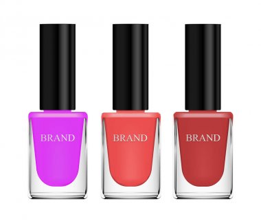 Set of cosmetics, nail polish, beige, brown and purple, glass bottle on a white background. 3d vector realistic, isolates clipart