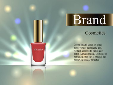 Kozmetik, bej rengi oje parlak ışınları yumuşak bir zemin üzerine bir açılı kapak tasarımı. Reklam, banner, Sihir, lüks, 3B vektör gerçekçi