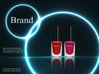 Kozmetik, küme, oje kırmızı ve mor mavi neon ışık ile karanlık bir arka plan üzerinde tasarımı. Reklam, banner, Sihir, lüks, 3B vektör gerçekçi