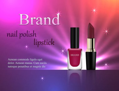 Kozmetik, mor oje ve ruj ışık ışınları, reklam, afiş, Sihir, lüks, 3B vektör gerçekçi, nazik bir parlak zemin üzerine tasarım