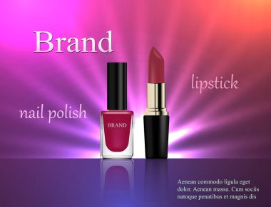 Kozmetik, nazik pembe oje ve ruj ışık ışınları, reklam, afiş, Sihir, lüks, 3B vektör gerçekçi, parlak mor zemin üzerine tasarım