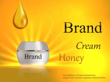 Kozmetik nemlendirici yüz kremi tatlım bir damla bal ve parlak ışınları bir hafif yumuşak zemin üzerine, tasarım. Banner reklam, eps 10
