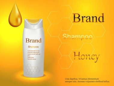 Kozmetik, tatlım, tatlım bir damla ile doğal şampuan ve petek bir yumuşak arka plan, reklam, tasarım, 3d vektör gerçekçi