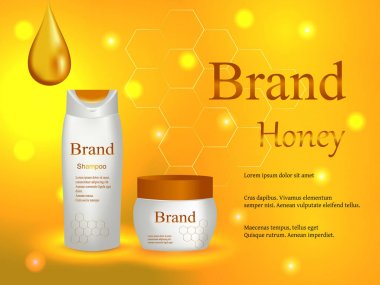 Şampuan bal ve saç maskesi, melisa, bal ve peteğin nazik arka plan, reklam, tasarım, 3d vektör gerçekçi bir damla ile doğal kozmetik