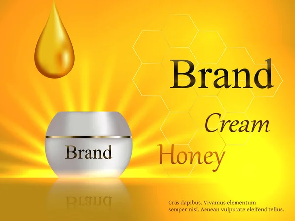 Progettazione di cosmetici, idratando il miele di crema per il viso su uno sfondo gentile leggero con una goccia di miele e raggi lucenti. Pubblicità, banner, eps 10 — Vettoriale Stock