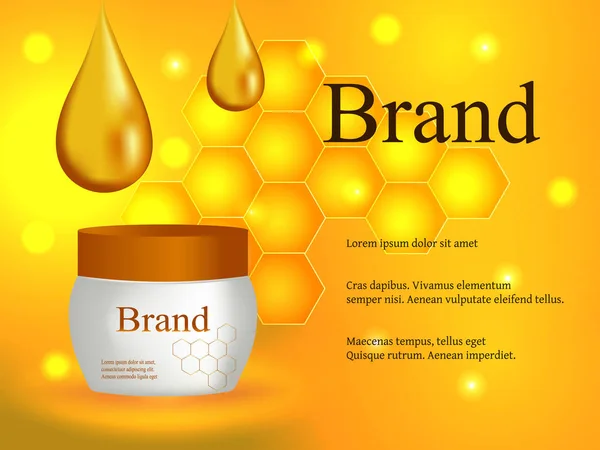 Cosméticos, crema facial y corporal, loción de miel con una gota de miel y panales sobre un fondo suave, publicidad, diseño, vector 3d, eps 10 — Vector de stock