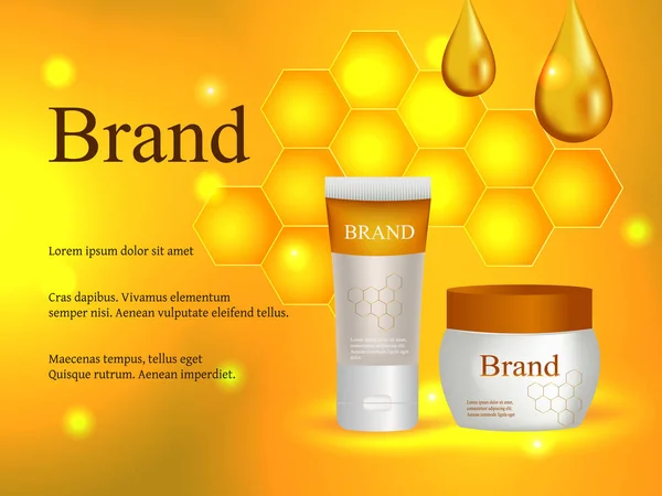 Cosmetics, face and body cream, honey lotion with a drop of honey and honeycombs on a gentle background, advertising, design, 3d vector realistic, eps 10