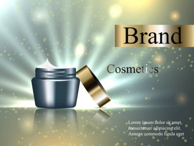 Altın kap nazik arka plan, ışık, parlaklık, lüks kozmetik krem tasarım. Gerçekçi 3d çizim, vektör, reklam, afiş, banner