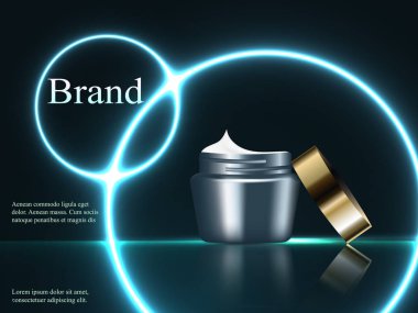 kozmetik krem neon ışık, yansıma ile daireler ile karşı karşıya. Gerçekçi 3d çizim, vektör, reklam, afiş, banner