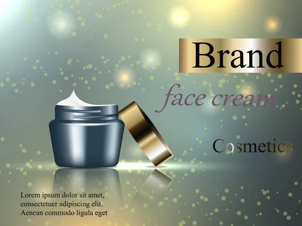 Diseño crema cosmética con una gorra de oro sobre un fondo suave, luz, brillo. Ilustración 3D realista, vector, anuncio, cartel, bandera — Vector de stock