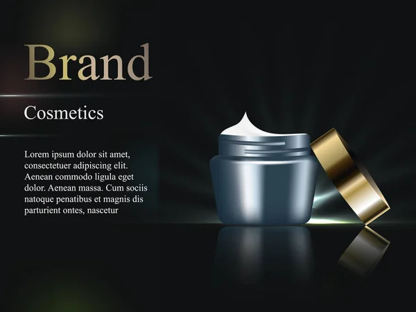 Diseño crema cosmética con una tapa de oro sobre un fondo oscuro con rayos de luz. Ilustración 3D realista, vector, anuncio, cartel, bandera — Vector de stock