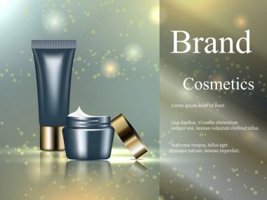 yüz kremi losyon da koyu mavi parlak yıldız reklam, tasarım, afiş, Eps 10, kozmetik bir yumuşak ışık zemin üzerine altın kap ile 3d, gerçekçi vektör