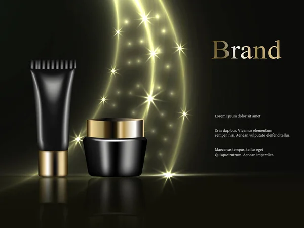 Hautcreme und Lotion glänzendes schwarzes Rohr mit goldener Kappe auf dunklem Hintergrund mit hellen Strahlen und Sternen. Schönheit, Kosmetik, Design, Werbung, 3D-Vektor realistisch Stockillustration