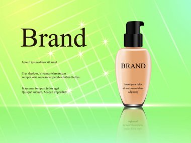 Parlama ve ışınları, tazelik, reklam, afiş, katalog, güzellik, deri, 3B vektör gerçekçi çizim, yeşil yumuşak zemin üzerine krem Tasarla