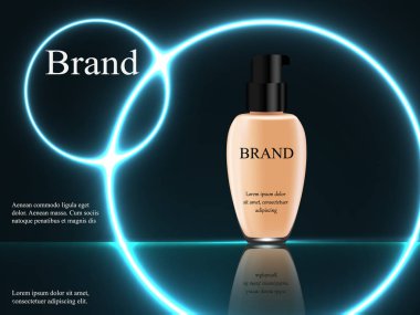 Kapatıcı neon ışık ile karanlık bir arka plan üzerinde ışınları, açık ten rengi siyah kap, 3B vektör, gerçekçi illüstrasyon, reklam, tasarım, kozmetik, afiş, katalog ile tüp