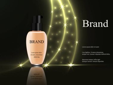 Kapatıcı altın ışınları ışık ve parlak yıldız ve parlama, açık ten rengi siyah kap, 3B vektör, gerçekçi illüstrasyon, reklam, tasarım, kozmetik bir tüp ile karanlık bir arka plan üzerinde