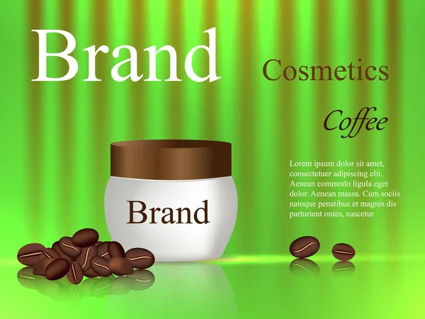 Scrub for coffee body, cream tube on green and brown background, cosmetics design, coffee beans, beauty, advertisement, banner, poster, 3d vector, realistic illustration — Stock Vector