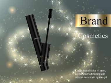 Makyaj maskara siyah fırça zoster ışık bir ışık parlak zemin üzerine tasarım ve parlama. Reklam, banner, güzellik, promosyon, gerçekçi 3B vektör