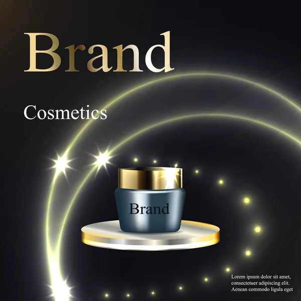 化粧品、クリーム、青、パッチと星と暗い背景で円形ベース銀に金を設計します。広告、バナー、美しさ、プロモーション、現実的な 3d ベクトル、Eps 10 — ストックベクタ