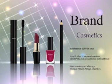 Kozmetik Parfümeri Ürünleri - ruj, dudak parlatıcısı, toz, rimel, göz farı, kalem ve tırnak cilası tarzı düz kümesi. vektör çizim promosyon ürünleri - kitapçıklar, broşürler, broşürler veya afiş için