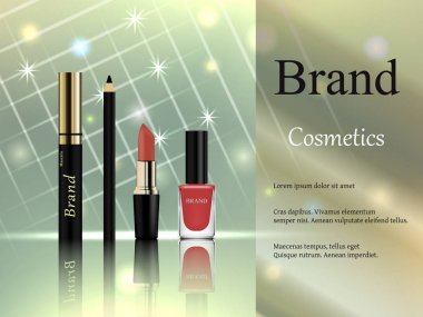 Tasarımı kozmetik, maskara ile bir altın kap, pembe ruj ruj, göz kalemi ve oje parlak ışınları ve yıldız hafif bir arka plan üzerinde bir dizi. Reklam, afiş, 3B vektör gerçekçi