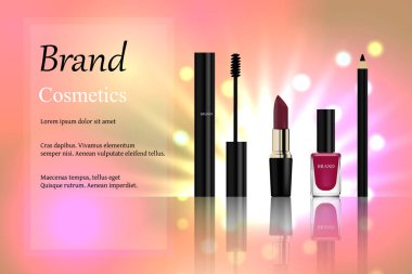 Kozmetik, maskara ile bir altın kap, pembe ruj ruj, göz kalemi ve oje parlak bir ışık zemin üzerine bir dizi tasarım vurgulamaktadır. Reklam, afiş, 3B vektör gerçekçi