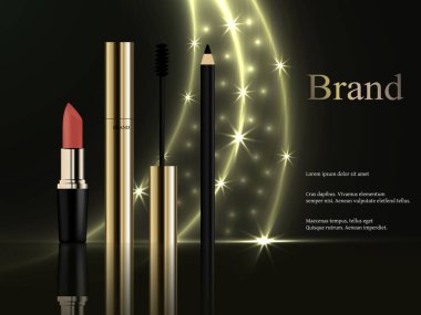 Tasarımı kozmetik, altın maskara bir fırça, bir pembe ruj, parlak altın ışınları ve yıldız karanlık bir arka plan üzerinde bir göz kalemi ile bir dizi. Reklam, afiş, 3B vektör gerçekçi