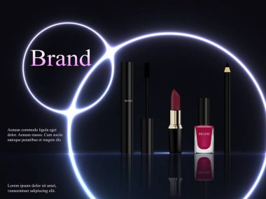 Kozmetik, siyah rimel, ruj ruj, göz kalemi ve oje parlak neon mor ışık ile karanlık bir arka plan üzerinde bir dizi tasarım daireler. Reklam, afiş, 3B vektör gerçekçi