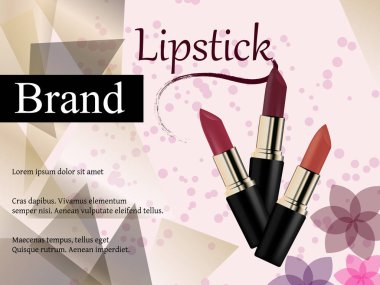 Tasarım şeffaf cam parçaları ile hafif bir arka plan üzerinde kozmetik, pembe ruj. Reklam, banner, 3B vektör çizim, gerçekçi