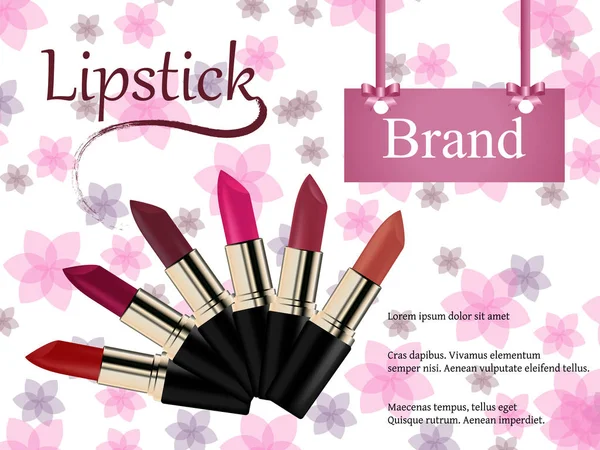 Kosmetik-Design, rosa Lippenstift auf hellem Hintergrund mit Blumen. Werbung, Banner, 3D-Vektorillustration, realistisch lizenzfreie Stockvektoren