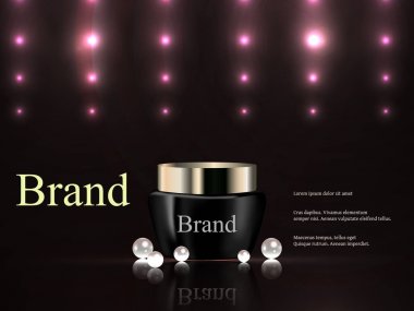 Vektör 3d, kozmetik, krem rengi parlak ışıklar, lüks, reklam, katalog, afiş, inci ile karanlık bir arka plan üzerinde