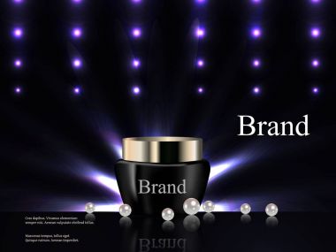 Kozmetik, parlak ışıklar, lüks, inci, reklam, katalog, afiş, 3B vektör gerçekçi bir koyu zemin üzerine krem