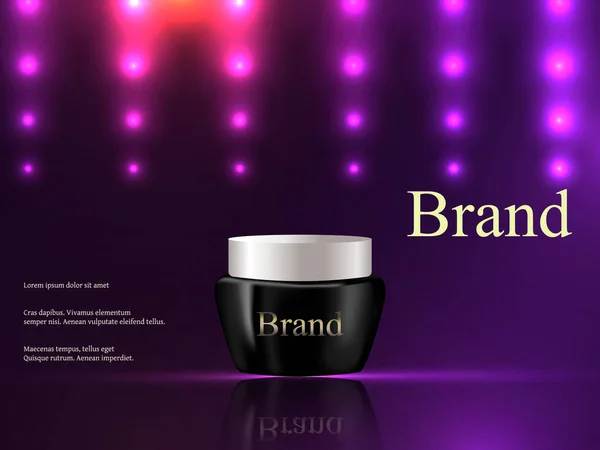 Vector 3d, cosméticos, crema sobre un fondo púrpura oscuro con luces brillantes, lujo, publicidad, catálogo, póster — Vector de stock