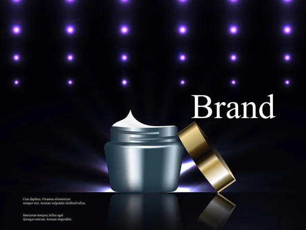 Cosméticos, crema sobre un fondo oscuro con luces brillantes, lujo, publicidad, catálogo, cartel, 3d vector realista — Vector de stock