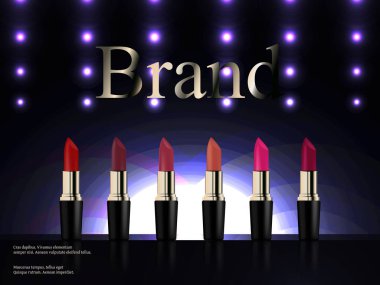 Parlak ışıklar, kozmetik, lüks, reklam, katalog, 3B vektör gerçekçi bir koyu zemin üzerine farklı renk ruj kümesi