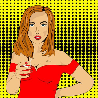 Sanat, Kızıl saçlı kız Kırmızı elbiseli bir sigara ile pop, vektör