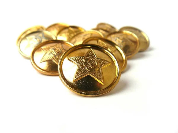 Vintage zestaw wojskowy przyciski, przyciski armii radzieckiej, wojskowe Star przyciski Vintage gold przyciski z gwiazda, przyciski żołnierzy tworzą ZSRR — Zdjęcie stockowe